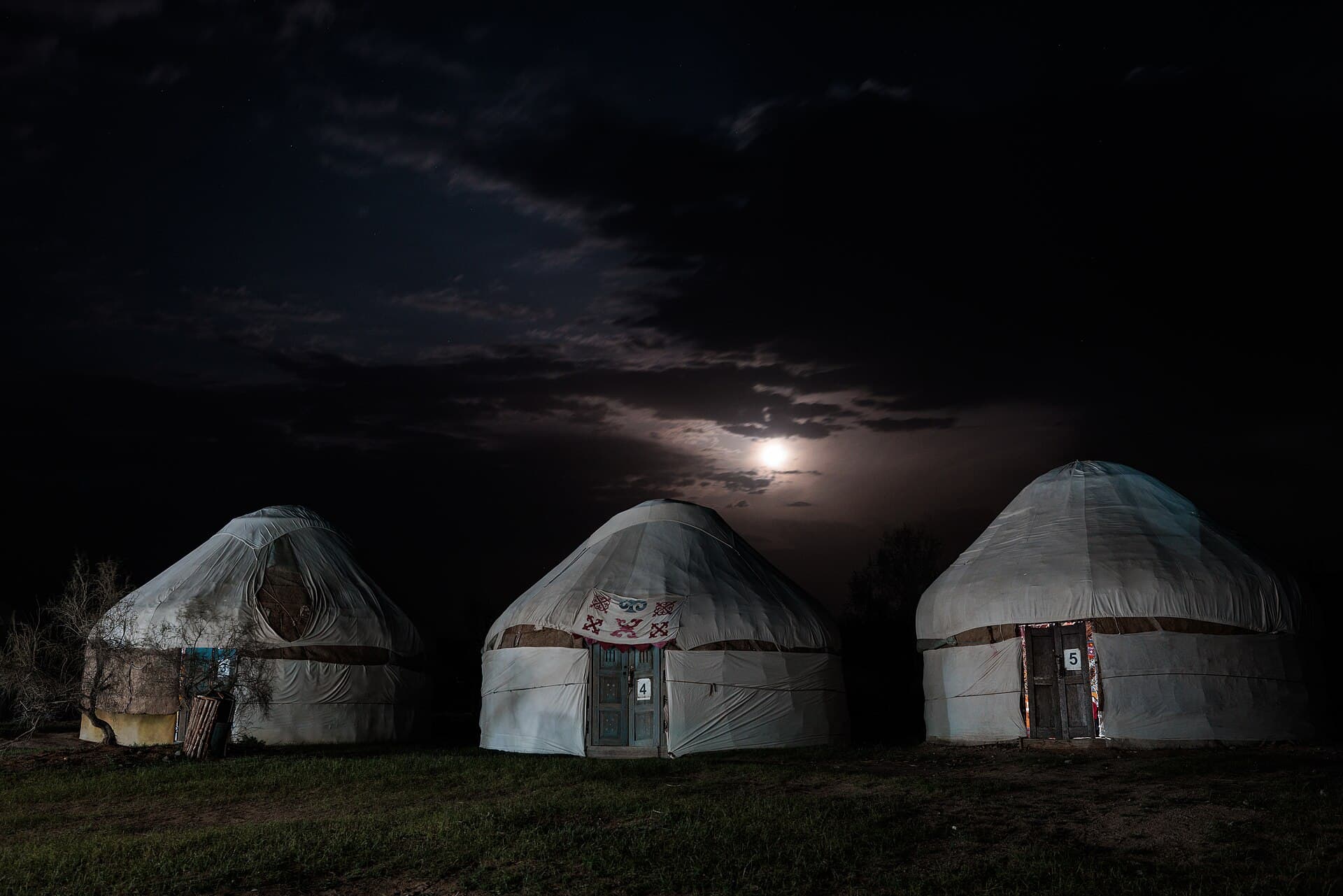 Tents under the night sky, Kyzylkum Desert, Uzbekistan